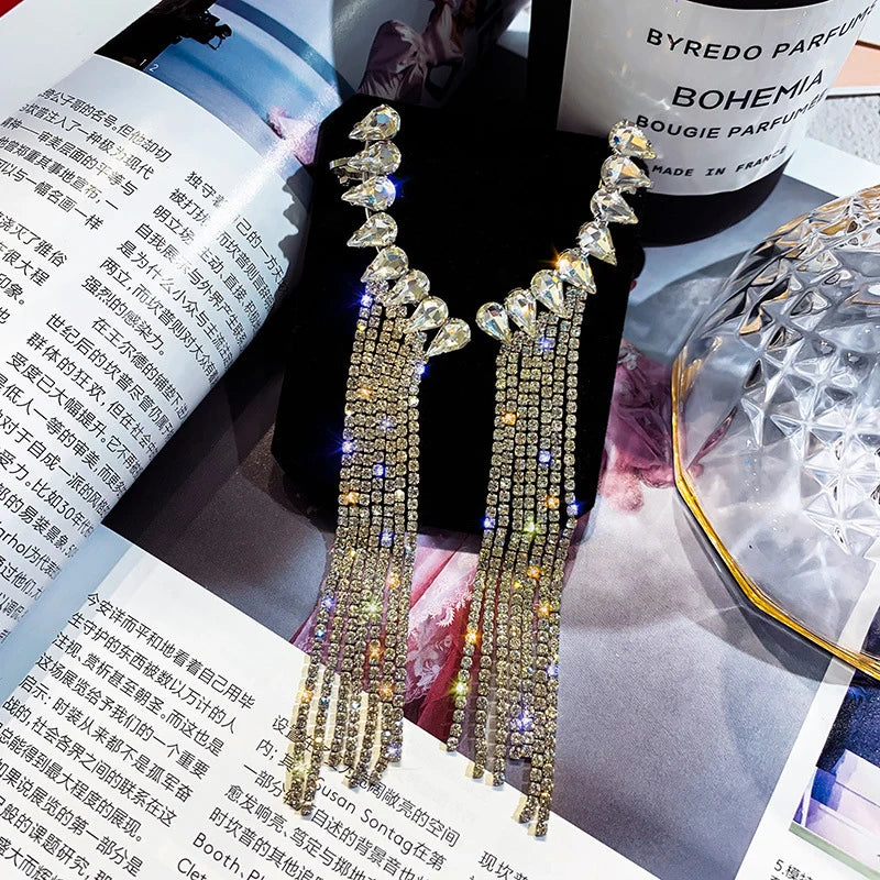 Vintage Rhinestone Crystal Tassel Drop Earrings
