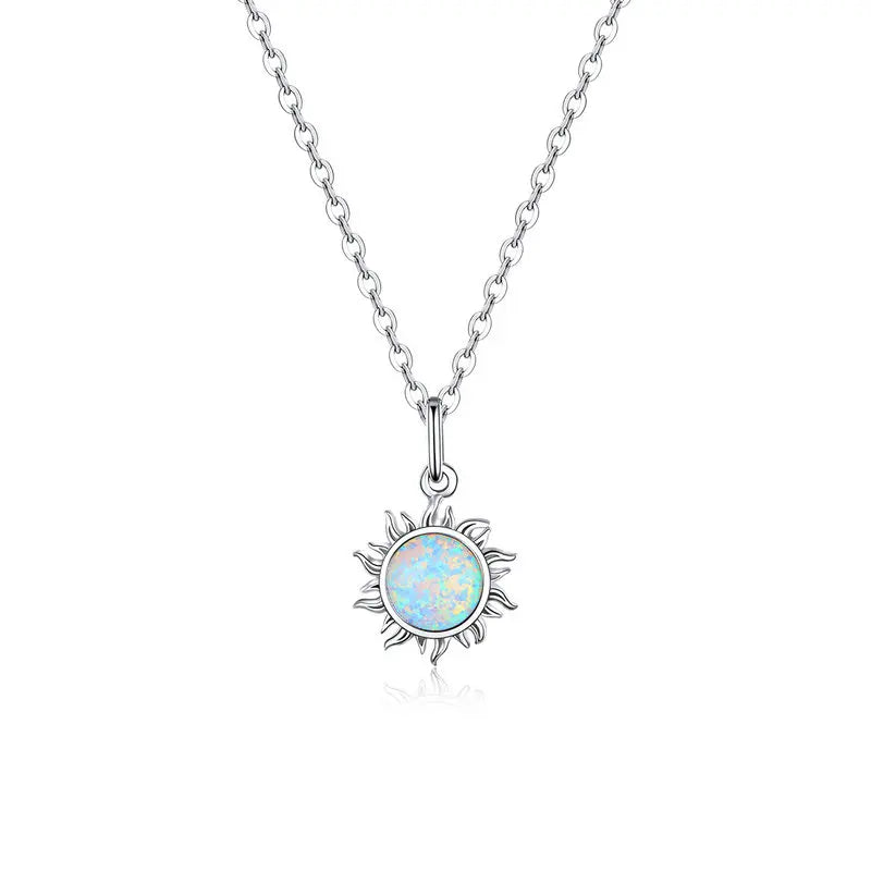 Sterling Silver White Opal Sun Pendant Necklace - 925 Silver