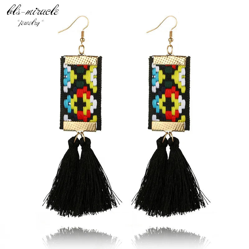 Ethnic Square Drop Earrings - Plant Pattern Design