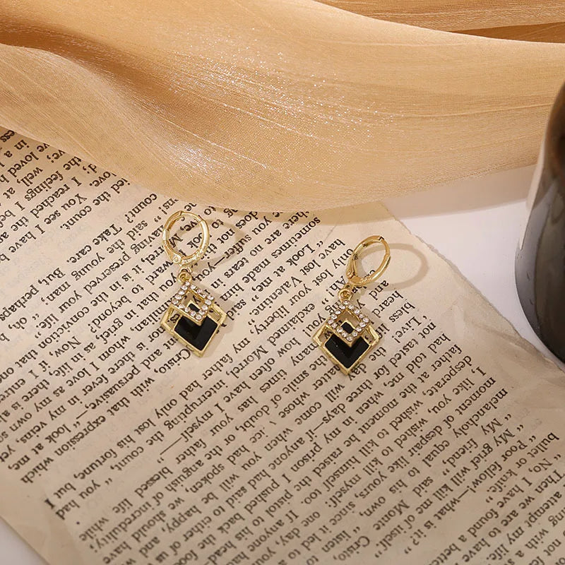Black Rhombus Drop Earrings - Geometric Rhinestone Design