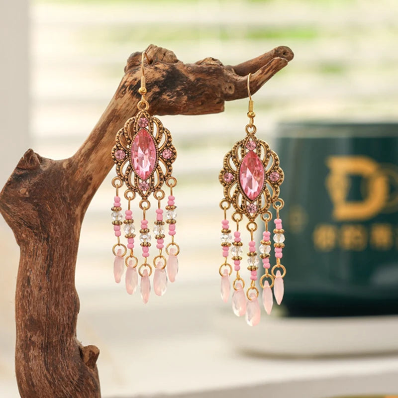Bohemian Fringed Tassel Drop Earrings - Ethnic Acrylic Design