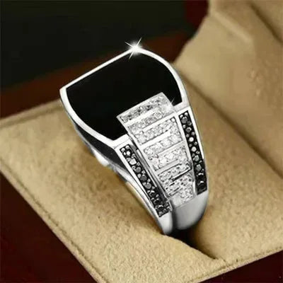 Black Zircon Geometric Ring - Punk Style Statement Piece