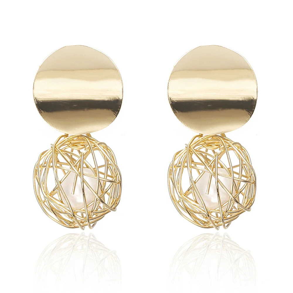 Geometric Woven Ball Pearl Drop Earrings - Gold Tone