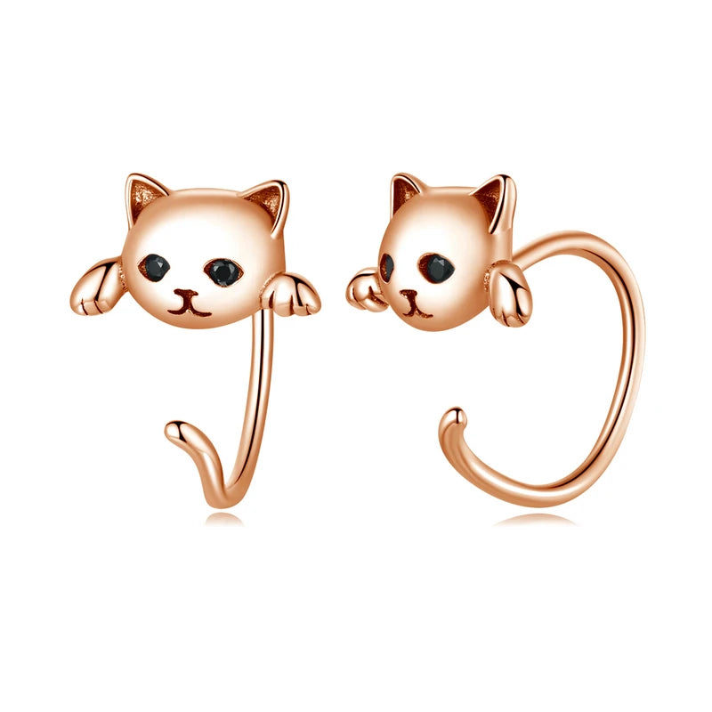 Cute Cat Stud Earrings - 925 Sterling Silver with Zircon