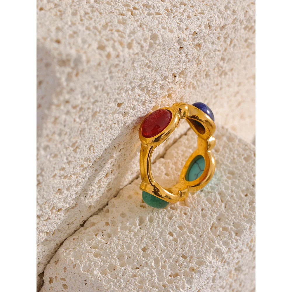 Colorful Agate Stone Ring - Gold Plated Geometric Design