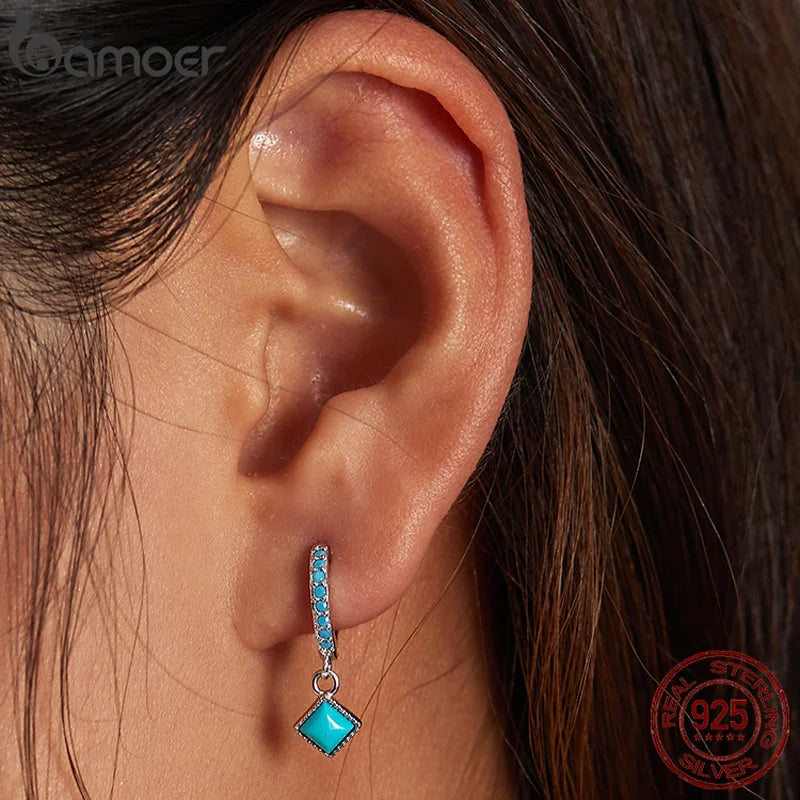 Turquoise Pendant Drop Earrings - 925 Sterling Silver Geometric