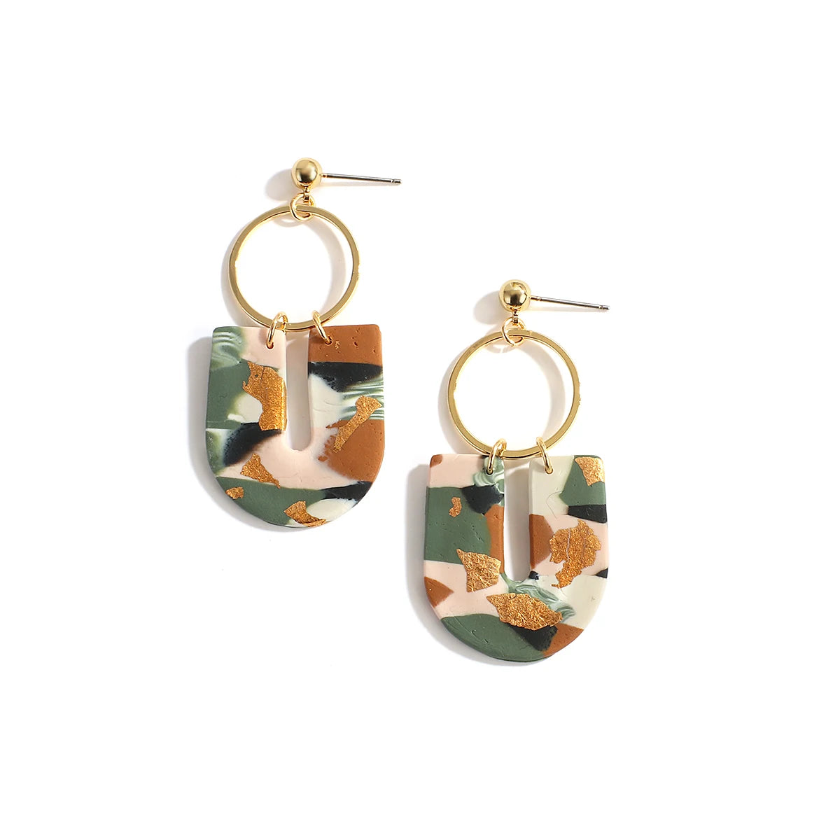 Abstract Polymer Clay Drop Earrings - Gold Foil Geometric Design