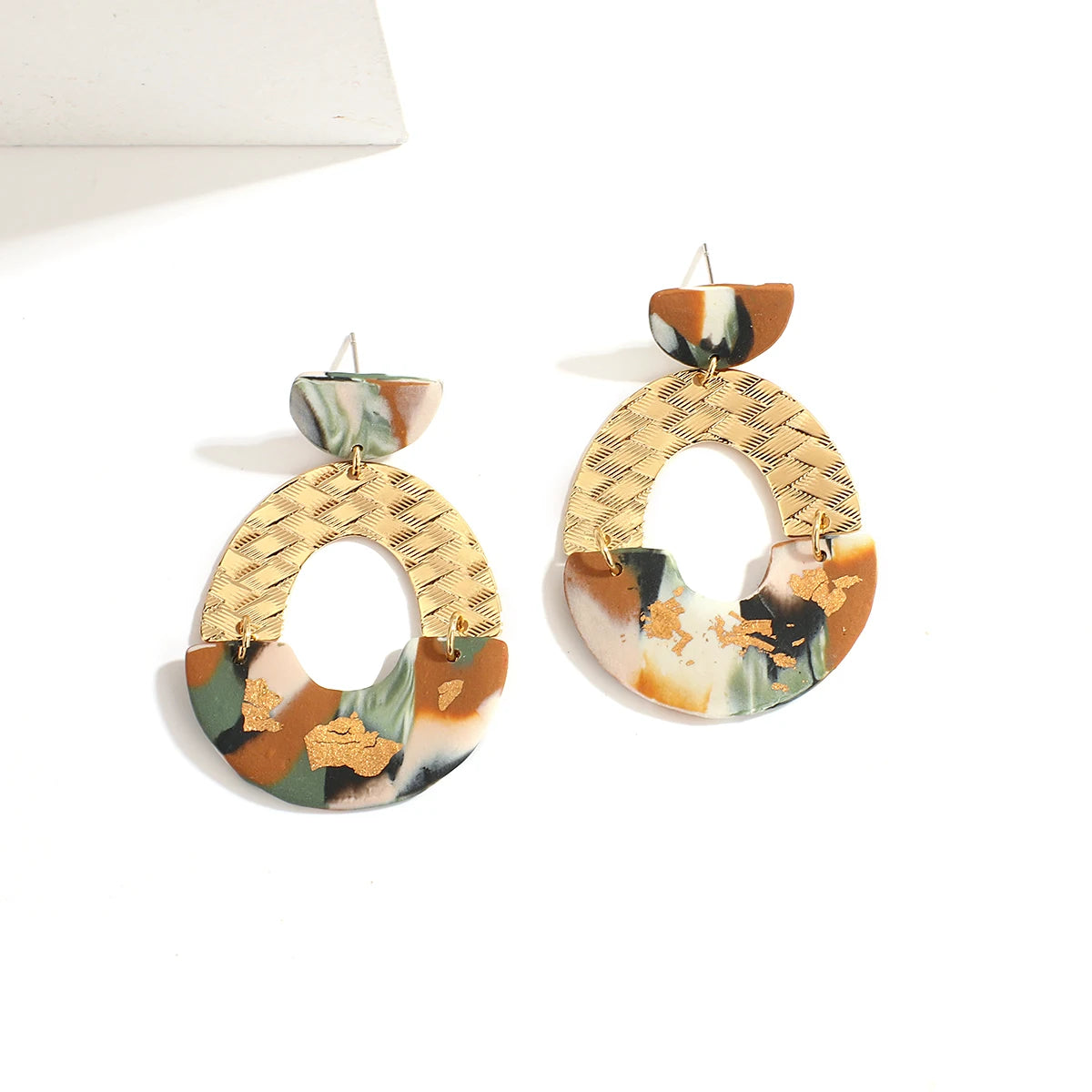 Abstract Polymer Clay Drop Earrings - Gold Foil Geometric Design