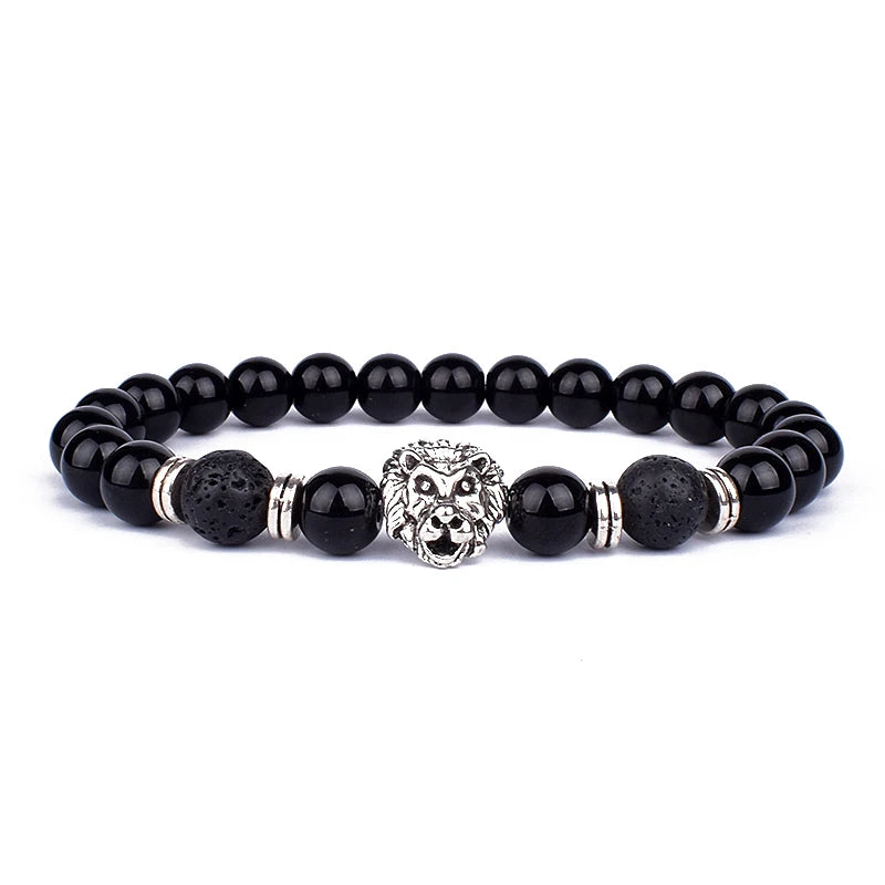 Obsidian Lion Head Beaded Bracelet - Natural Stone Charm