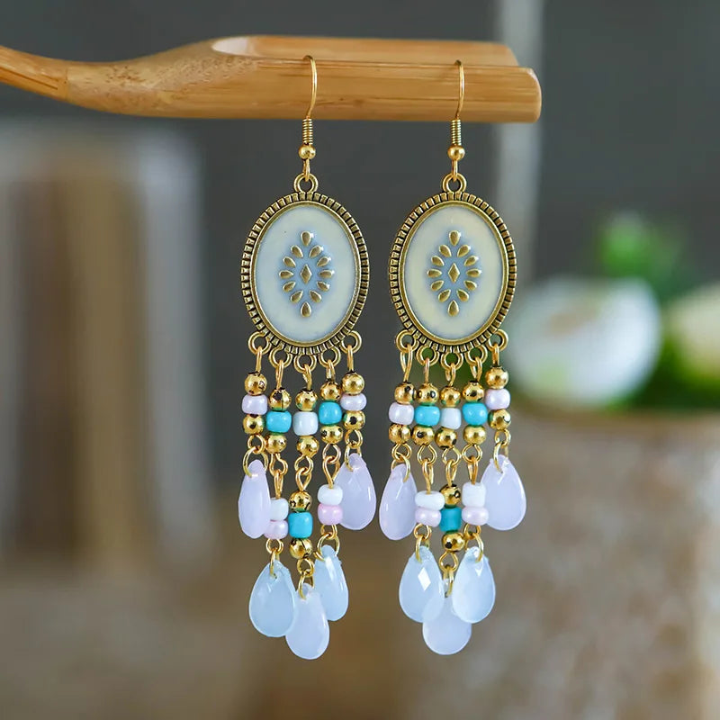 Bohemian Fringed Tassel Drop Earrings - Ethnic Acrylic Design