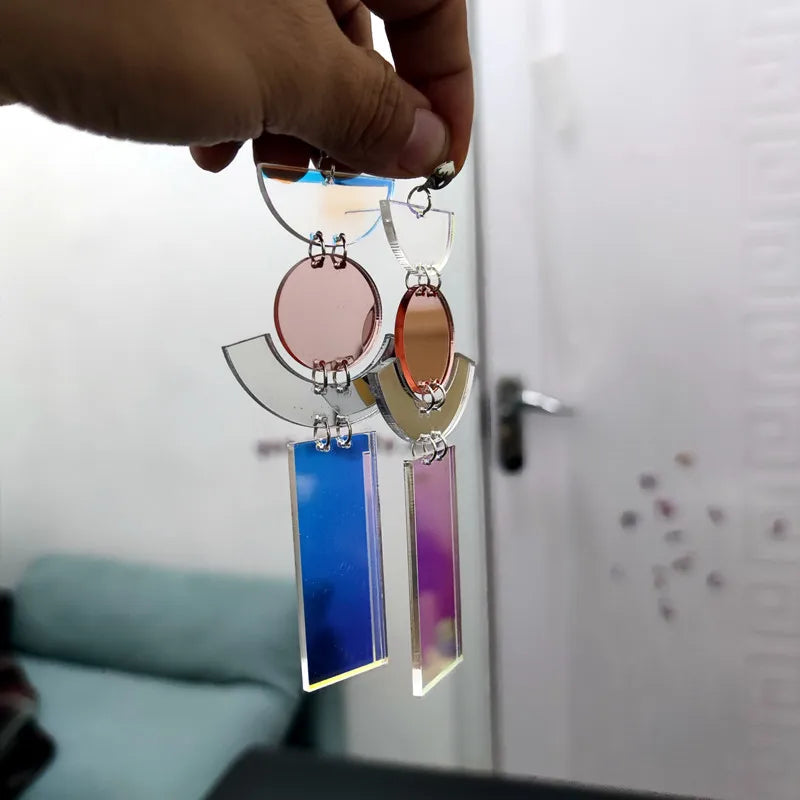 Iridescent Geometric Mirror Drop Earrings - Trendy Acrylic Design