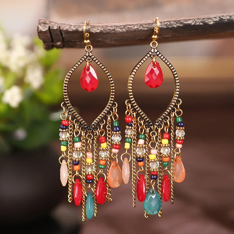 Bohemian Fringed Tassel Drop Earrings - Ethnic Acrylic Design