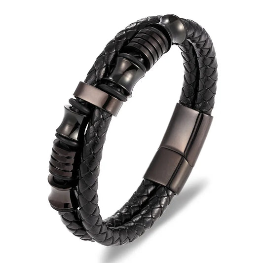 Multilayer Braided Leather Bracelet - Black Genuine Leather