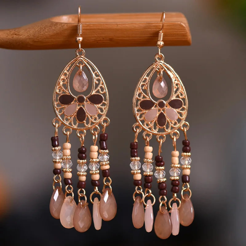 Bohemian Fringed Tassel Drop Earrings - Ethnic Acrylic Design