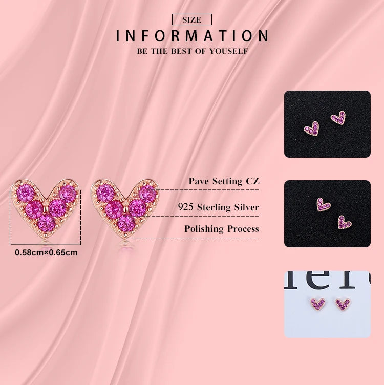 Pink Heart Stud Earrings - 925 Sterling Silver with Zircon