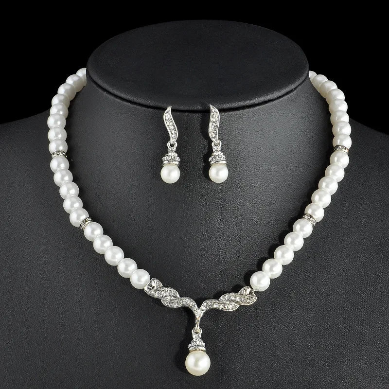Simulated Pearl Bridal Jewelry Set - Necklace and Earrings