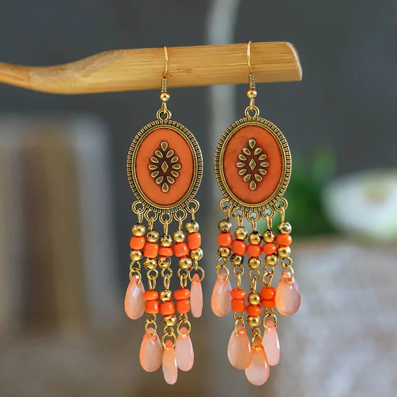 Bohemian Fringed Tassel Drop Earrings - Ethnic Acrylic Design