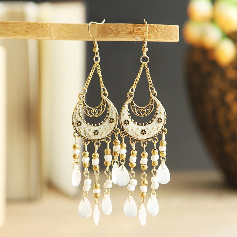 Bohemian Fringed Tassel Drop Earrings - Ethnic Acrylic Design