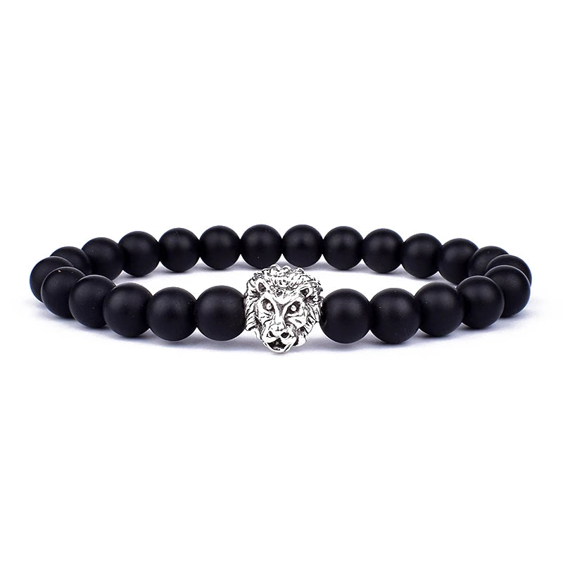 Obsidian Lion Head Beaded Bracelet - Natural Stone Charm