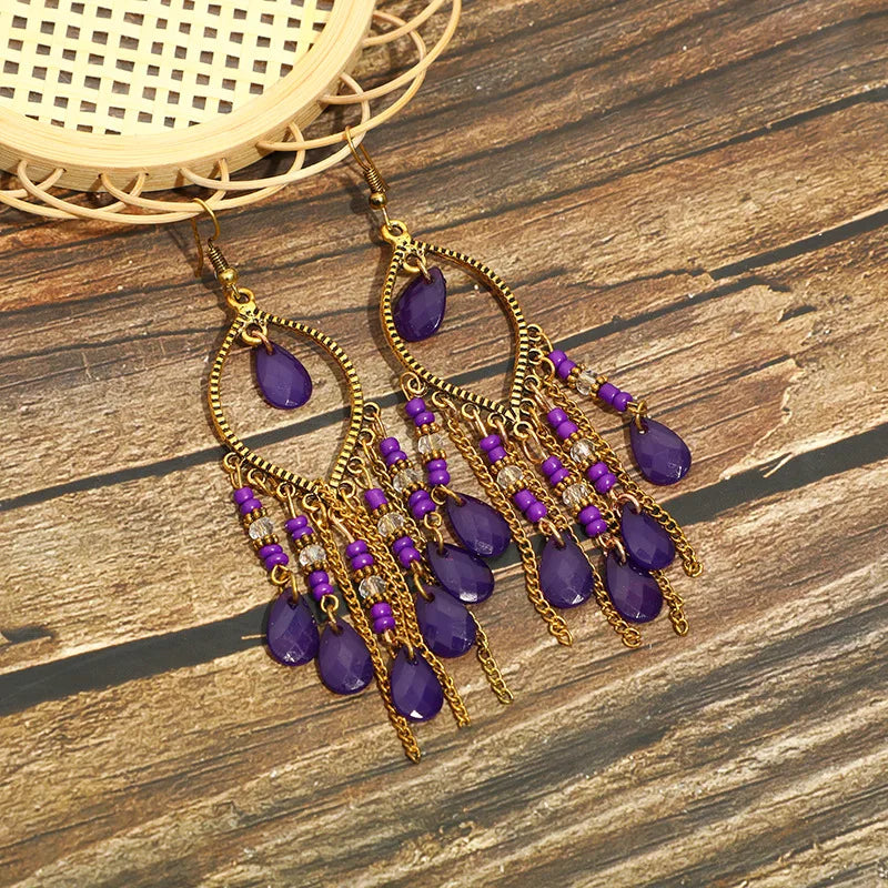 Bohemian Fringed Tassel Drop Earrings - Ethnic Acrylic Design
