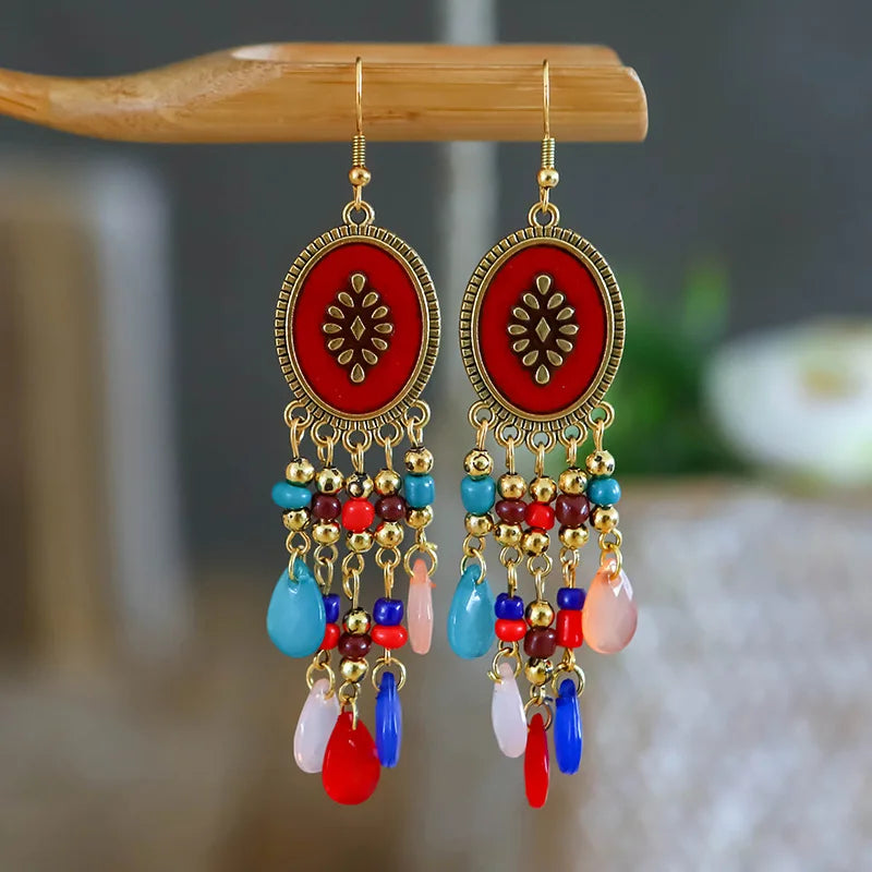 Bohemian Fringed Tassel Drop Earrings - Ethnic Acrylic Design