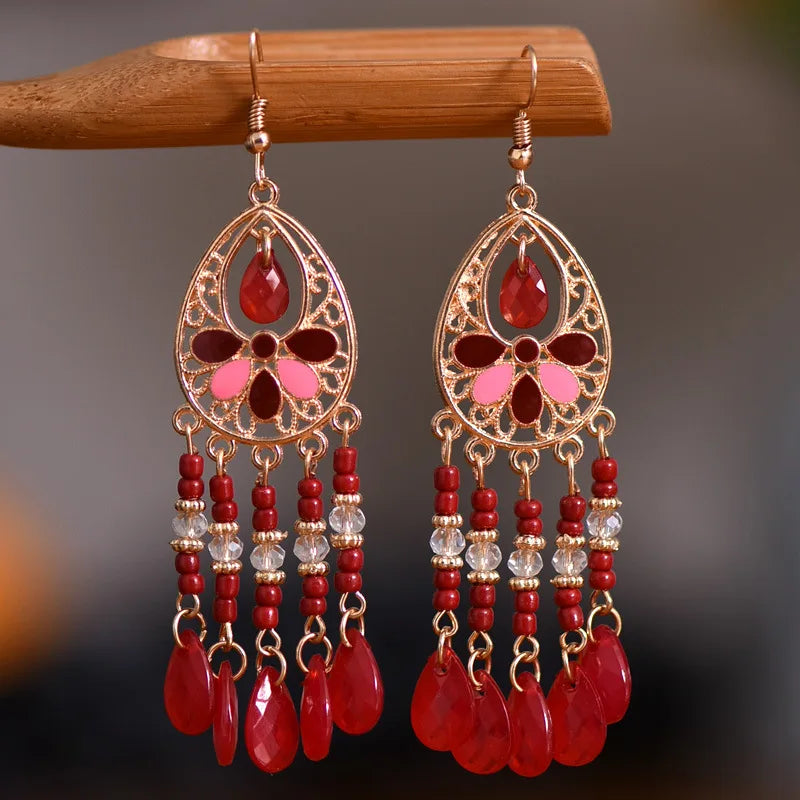 Bohemian Fringed Tassel Drop Earrings - Ethnic Acrylic Design