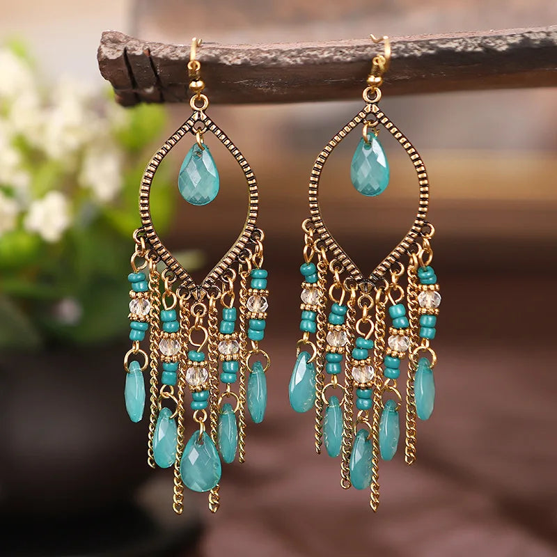 Bohemian Fringed Tassel Drop Earrings - Ethnic Acrylic Design