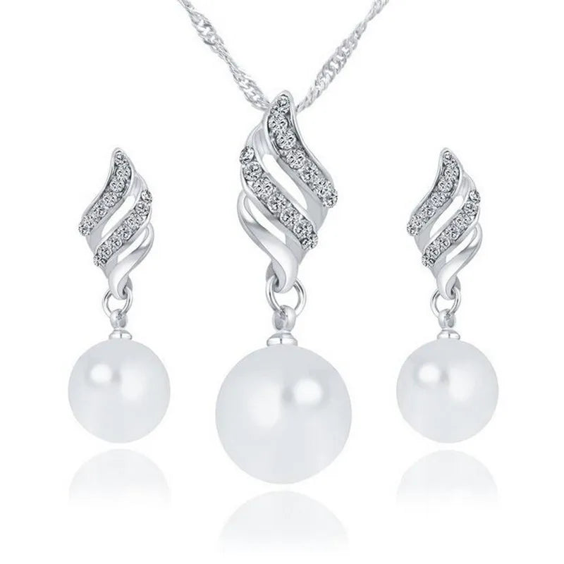 Simulated Pearl Jewelry Set - Gold and Silver Necklace & Earrings