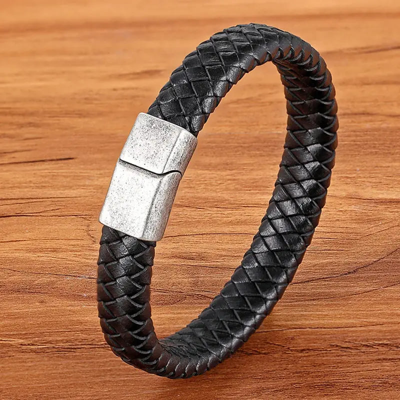 Multilayer Braided Leather Bracelet - Black Genuine Leather