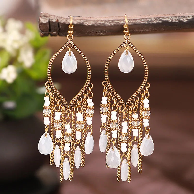 Bohemian Fringed Tassel Drop Earrings - Ethnic Acrylic Design
