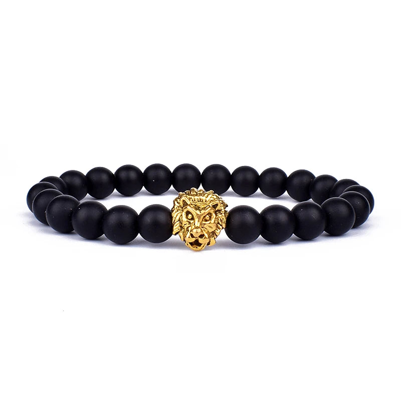 Obsidian Lion Head Beaded Bracelet - Natural Stone Charm