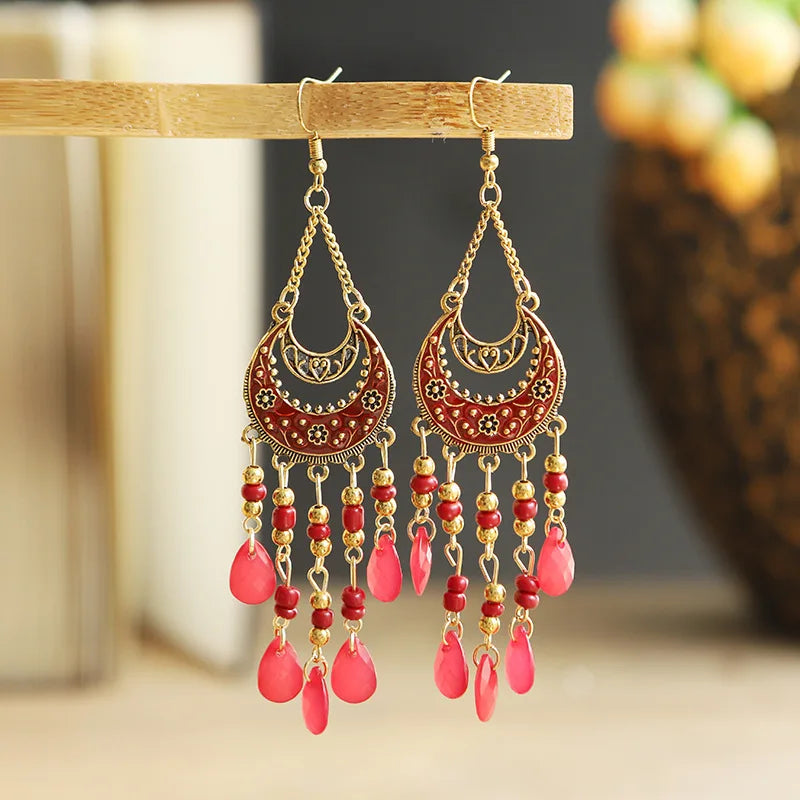 Bohemian Fringed Tassel Drop Earrings - Ethnic Acrylic Design