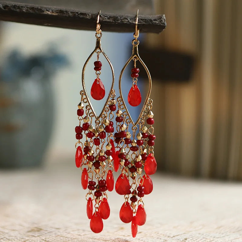 Bohemian Fringed Tassel Drop Earrings - Ethnic Acrylic Design