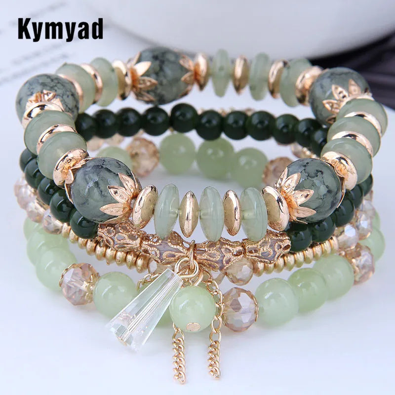 Green Crystal Charm Bracelet - Bohemian Round Design