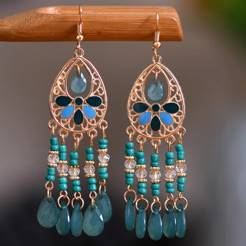 Bohemian Fringed Tassel Drop Earrings - Ethnic Acrylic Design