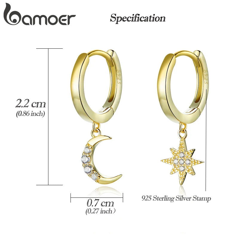 Moon and Star Dangle Earrings - 925 Sterling Silver with Zircon