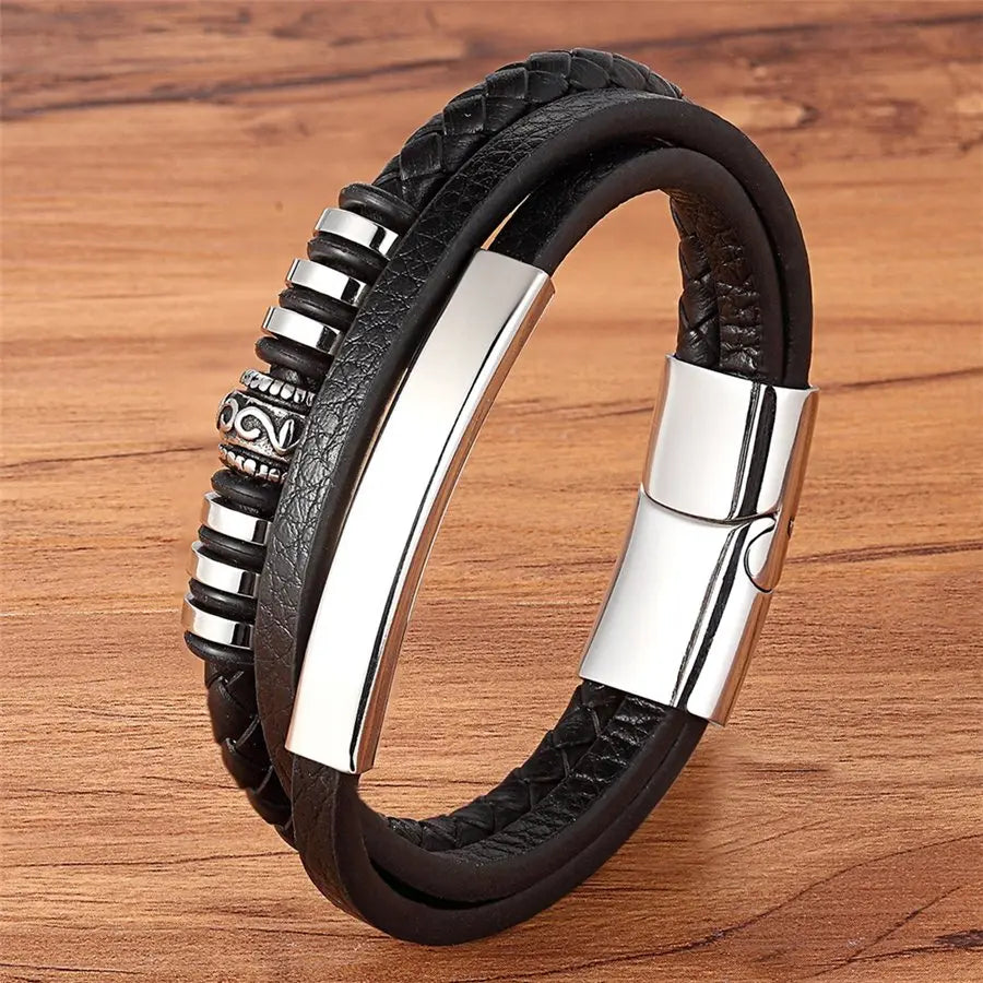 Multilayer Braided Leather Bracelet - Black Genuine Leather