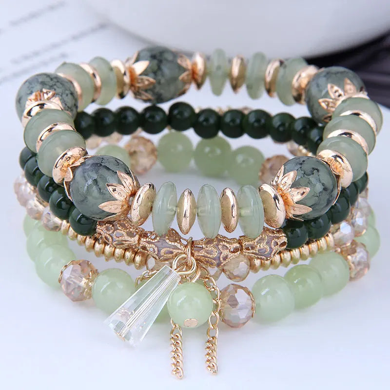 Green Crystal Charm Bracelet - Bohemian Round Design