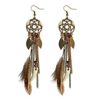 Vintage Bohemian Feather Tassel Earrings - Handmade Ethnic Design