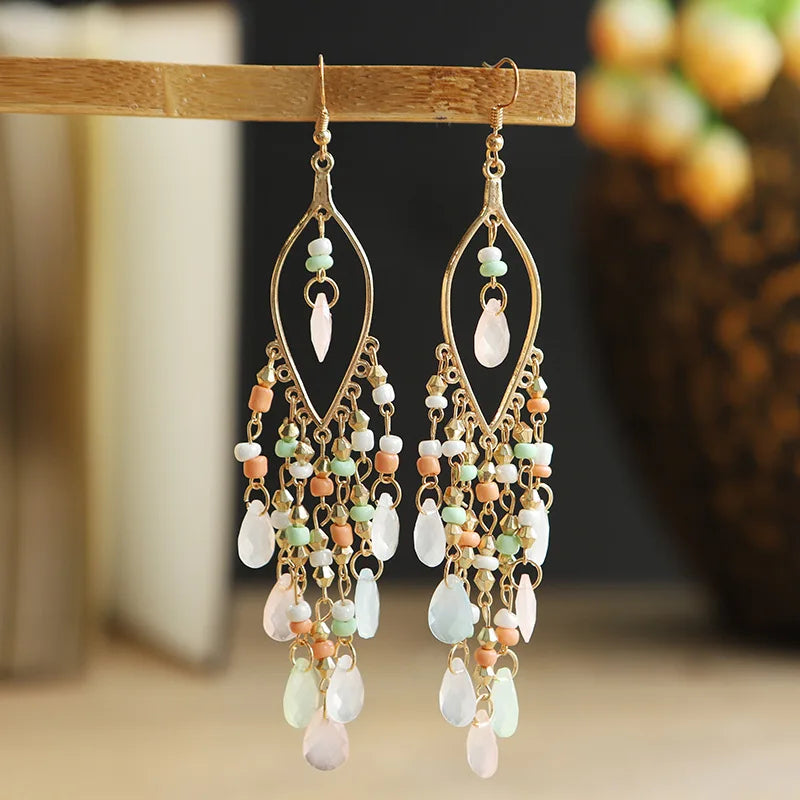Bohemian Fringed Tassel Drop Earrings - Ethnic Acrylic Design