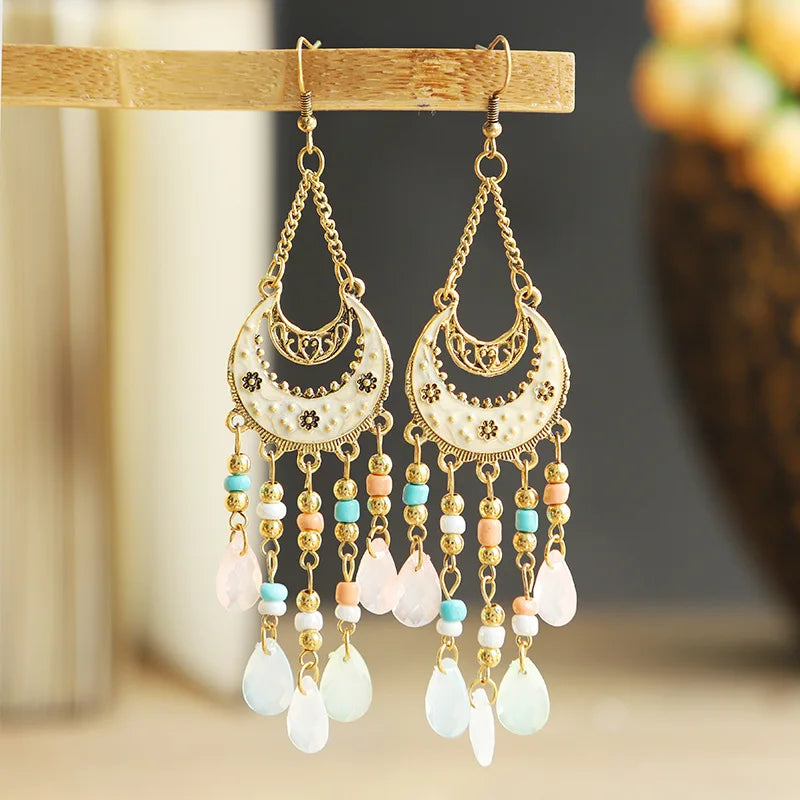 Bohemian Fringed Tassel Drop Earrings - Ethnic Acrylic Design
