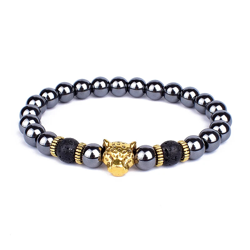 Obsidian Lion Head Beaded Bracelet - Natural Stone Charm
