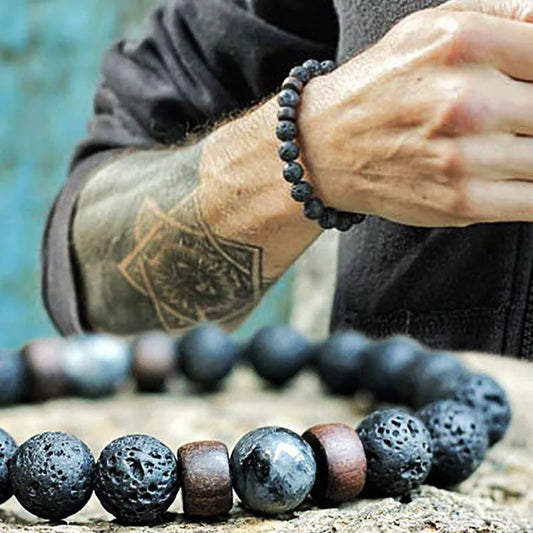 Natural Stone Beaded Bracelet - Volcanic Stone Charm Design
