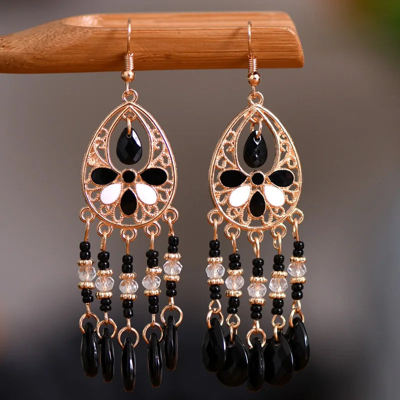 Bohemian Fringed Tassel Drop Earrings - Ethnic Acrylic Design