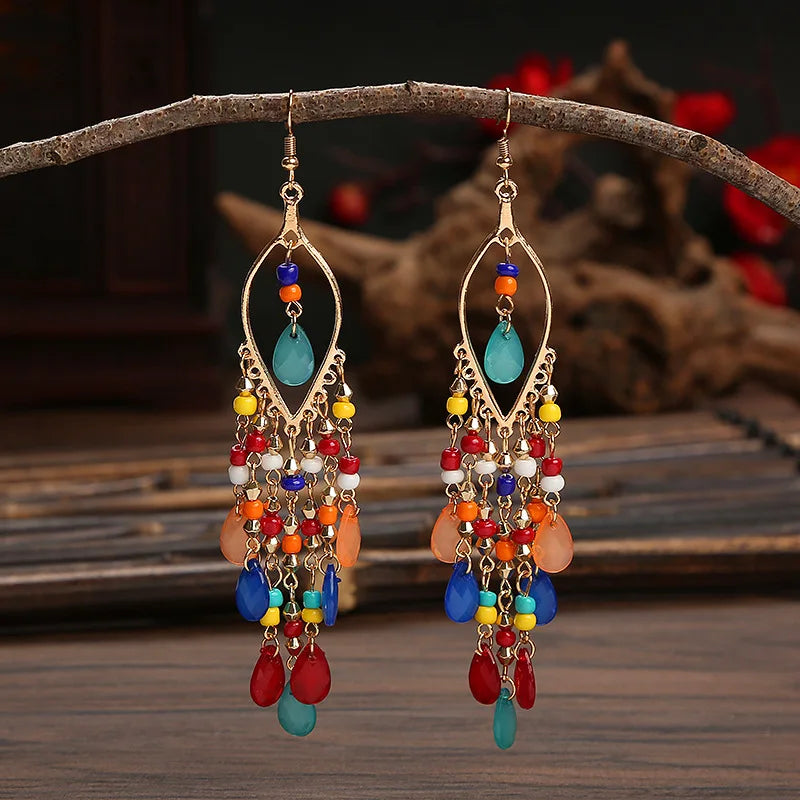 Bohemian Fringed Tassel Drop Earrings - Ethnic Acrylic Design