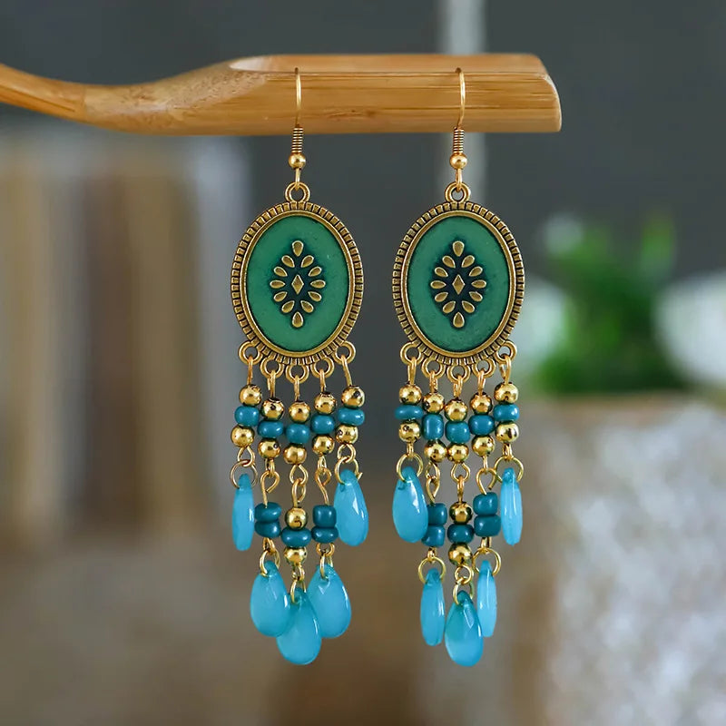 Bohemian Fringed Tassel Drop Earrings - Ethnic Acrylic Design
