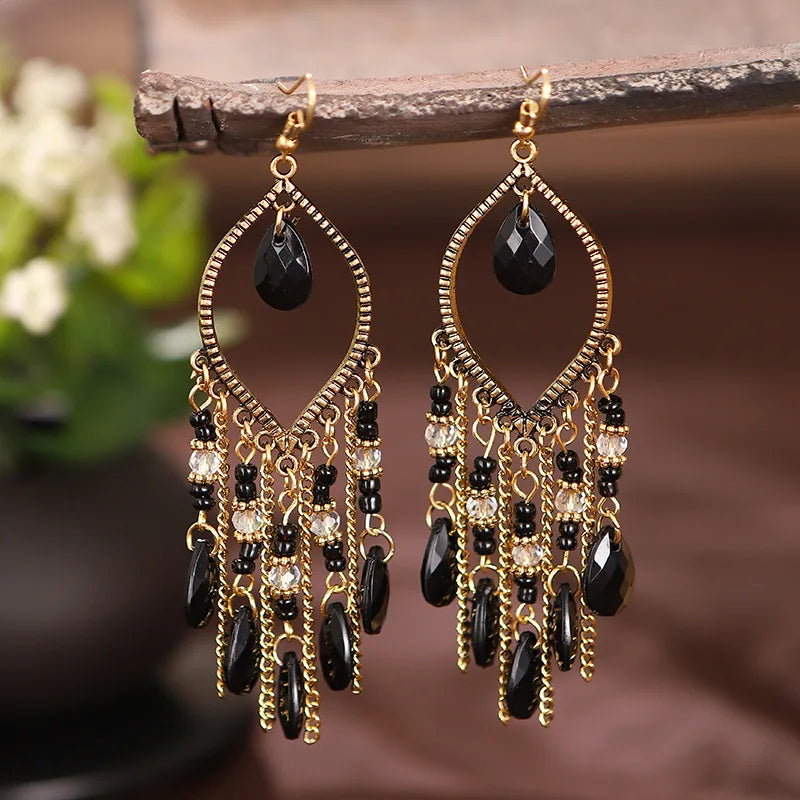 Bohemian Fringed Tassel Drop Earrings - Ethnic Acrylic Design