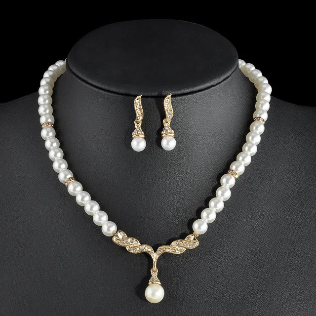 Simulated Pearl Bridal Jewelry Set - Necklace and Earrings