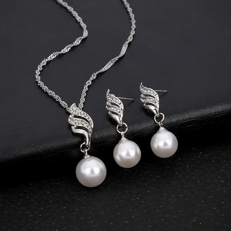 Simulated Pearl Jewelry Set - Gold and Silver Necklace & Earrings