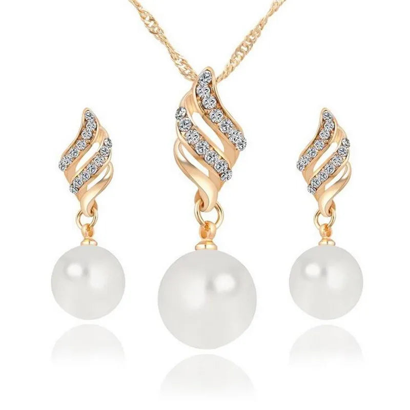 Simulated Pearl Jewelry Set - Gold and Silver Necklace & Earrings